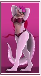 absurd_res anthro bra clothing dinosaur female hi_res looking_at_viewer lovemummification panties pinup pose raised_arms reptile scalie smile smiling_at_viewer solo sophia_belle tattoo theropod tyrannosaurid tyrannosaurus tyrannosaurus_rex underwear