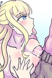 1boy 1girls after_paizuri blonde_hair breasts charlotte_(fire_emblem) cum cum_between_breasts ejaculation_between_breasts fire_emblem fire_emblem_fates grimmelkin grimmelkind hairbow nintendo nipples paizuri penis straight tongue tongue_out