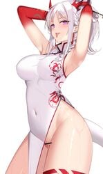 :p absurdres arknights armpits arms_up ateoyh bangs bar_censor bare_shoulders braid breasts censored china_dress chinese_clothes commentary_request covered_navel cowboy_shot dress female groin has_uncensored_version highres horns large_breasts long_hair looking_at_viewer nian_(arknights) nian_(unfettered_freedom)_(arknights) no_panties partial_commentary purple_eyes pussy silver_hair simple_background sleeveless sleeveless_dress solo standing tail taut_clothes taut_dress thighs tongue tongue_out white_background white_dress