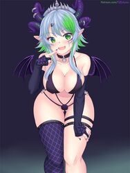 1girls 3:4 bent_over big_breasts blush breasts cleavage collar fang female female_only froot green_eyes green_hair hair horns large_breasts lich multicolored_hair navel patreon_username pointy_ears single_thighhigh skin_fang solo swimsuit tagme tiffynyaa tight_clothing virtual_youtuber vshojo wings