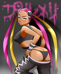 1girls ass ass_cleavage big_ass big_breasts black_thong black_underwear butt_crack colored erect_nipples erection_under_clothes female female_only looking_at_viewer mostly_clothed nipple_bulge nipples no_bra panties pants pants_down plumeria_(pokemon) pokemon pokemon_sm pulling_down_pants solo team_skull thon