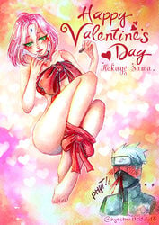 1girls covered_breasts female_focus green_eyes hatake_kakashi male/female naruto naruto_(series) naruto_shippuden nosebleed pink_hair red_face sakura_haruno tied_legs valentine's_day valentines_day