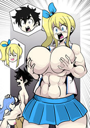 1boy 2girls body_swap body_switch breasts fairy_tail fellatio female grabbing_own_breast gray_fullbuster(im) juvia_lockser large_breasts lucy_heartfilia male onat onatart oral shocked switch