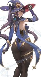 1girls ass female female_only genshin_impact looking_at_viewer looking_back mona_(genshin_impact) solo yohan1754