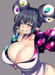 1girls big_breasts black_hair camui_kamui_(hz_666v) cleavage curvy cute dark_hair elf_ears female female_only glistening glistening_body glistening_skin huge_breasts large_breasts licking licking_lips light-skinned_female light_skin magenta_eyes makeup mao_(camui_kamui) original peace_sign pointy_ears seductive selfie sharp_ears smile solo sweater thick thick_thighs thin thin_waist twintails unzipped unzipped_jacket voluptuous