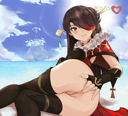 anal_fingering anus ass ass_juice beach beidou_(genshin_impact) big_ass blush boots bottomless brown_hair eyepatch female genshin_impact heart heel_boots iiros looking_at_viewer ocean presenting_anus pussy red_eyes sky smile thigh_boots thighhigh_boots thighhighs uncensored