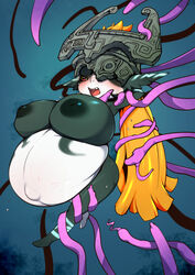 arm_grab belly big_belly big_breasts blonde_hair blush bodily_fluids bound breasts cum cute_fangs eyelashes female forced genital_fluids hair half-closed_eyes hands_behind_head hi_res humanoid imp_midna inflation j7w leg_grab lifted mask midna narrowed_eyes navel nintendo nipples open_mouth puffy_nipples red_eyes suspension sweat tentacle the_legend_of_zelda twili twilight_princess video_games yellow_sclera