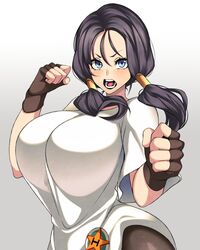 angry angry_expression angry_face black_hair blue_eyes breasts camui_kamui dark_hair dragon_ball dragon_ball_z fingerless_gloves gloves huge_breasts hyper hyper_breasts open_mouth teenage_girl teenager thick thin_waist tomboy top_heavy twintails videl voluptuous