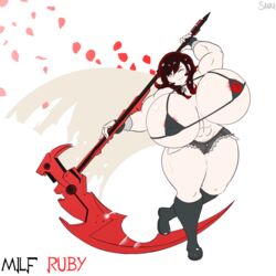 1girls abs areola_slip artist_name big_breasts black_hair blush boots breasts crescent_rose female female_only gigantic_breasts gradient_hair iron-0xide looking_at_viewer milf mother muscular muscular_female nipple_bulge pubic_hair_peek red_hair ruby_rose rwby sanka-tetsu scythe short_shorts shorts silver_eyes smile solo solo_female standing text thick_thighs two-tone_hair voluptuous weapon wink