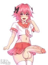 1boy astolfo_(fate) astolfo_monster_cosplay_(meme) balls belka_dog blush cuccoking erection fate/apocrypha fate_(series) femboy gigantic_penis girly huge_balls hung_trap hyper hyper_penis looking_at_viewer male male_only meme penis trap