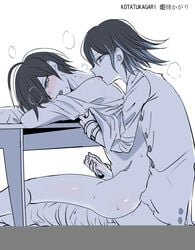 2boys anal_sex blush bottomless danganronpa danganronpa_(series) danganronpa_v3 erection femboy gay girly handjob_while_penetrating hickeys holding_penis implied_penetration kuangtai male male/male male_only ouma_kokichi pants_down reach_around saihara_shuuichi saiouma shirt_lift sitting_on_lap sitting_on_penis sitting_sex skinny straight_hair sweatdrops table under_the_table yaoi young