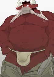 2021 anthro araiguma_11 asian_clothing balls_outline belly blush bottomwear bovid bovine bulge cattle clothing east_asian_clothing fundoshi genital_outline humanoid_hands japanese_clothing kemono male mammal moobs musclegut nipples overweight overweight_anthro overweight_male pants penis_outline shirt solo topwear underwear