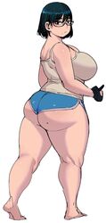 ass black_hair chubby chubby_female curvy dat_ass female glasses gloves huge_ass huge_breasts looking_at_viewer original original_character short_hair short_shorts shorts sideboob synecdoche tank_top thick_thighs