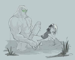 1boy 1girls female gigantic_penis imminent_sex looking_back questionable_consent restrained swamp_thing wintergatexxx