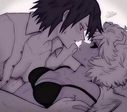 1boy 1boy1girl 1girls alternate_hairstyle black_bra black_sclera blackhaiper blush cleavage cute eijirou_kirishima eye_contact female golden_eyes horn horns kirimina looking_at_partner love male male/female mina_ashido monochrome my_hero_academia naem on_bed open_shirt passionate red_eyes romantic sensual short_hair straight suggestive sweet wholesome