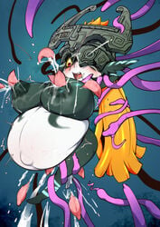 arm_grab belly big_belly big_breasts birth blonde_hair blush bodily_fluids bound breasts cum cum_inflated_breasts cute_fangs eyelashes female forced gastropod genital_fluids hair hands_behind_head hi_res humanoid imp_midna inflation j7w lactating lactation leg_grab lifted mask midna mollusk navel nintendo nipple_birth nipple_fetish nipple_penetration nipples open_mouth pregnant puffy_nipples red_eyes slug suspension sweat tentacle the_legend_of_zelda twili twilight_princess video_games wide_eyed yellow_sclera