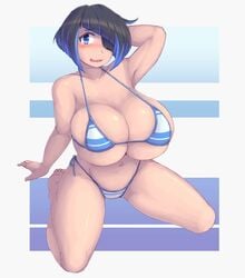 1girls blush breasts cleavage eye_covering female female_only huge_breasts kittenboogers looking_at_viewer solo thick_thighs two_tone_hair wide_hips