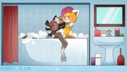 2018 aggressive_retsuko bath bathing bathroom blush bubble_bath convenient_censoring dragonfoxgirl duo female fur furry furry_only haida hyena male nude red_panda relaxing retsuko smile smooth_fur wholesome