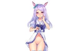 animal_ears anthro awata_mokane censored clothing long_hair mejiro_mcqueen_(umamusume) navel nopan purple_eyes purple_hair pussy pussy_juice school_uniform skirt skirt_lift thighhighs umamusume white_hair