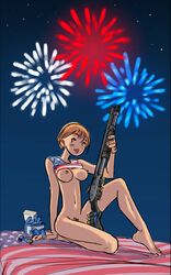 1girls 4th_of_july american american_flag american_flag_shirt au_(artist) blush boli-blog bottomless erect_nipples female female_only fireworks gun national_personification night no_bra no_panties perky_breasts shirt_lift short_hair shotgun solo united_states_of_america usa