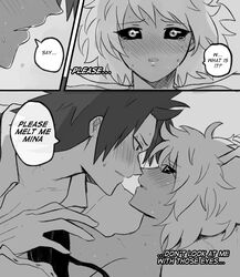 1boy1girl 1girls black_sclera blackhaiper blush blushing bra breast_grab comic cute eijirou_kirishima english_text eye_contact female hand_on_breast kirimina looking_at_partner male male/female male_blushing mina_ashido monochrome my_hero_academia naem passionate romantic sensual suggestive sweet tears wholesome