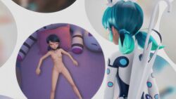 2girls bed bedroom black_hair blue_hair collar edit edited female female_only little_breasts marinette_dupain-cheng miraculous:_tales_of_ladybug_and_cat_noir miraculous_ladybug multiple_girls nipples nude nude_female pigtails sleeping