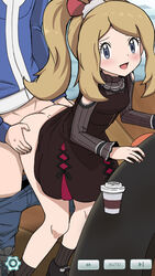 1boy black_dress blonde_hair blush bottomless bow brown_hair calem_(pokemon) clothed_sex coffee coffee_cup dress dress_lift english_text female furanshisu game_freak grey_eyes highres hud human_only looking_at_viewer nintendo no_panties official_alternate_costume open_mouth palentine's_day_serena pokemon pokemon_masters pokemon_masters_ex pokemon_xy ponytail public public_sex serena_(pokemon) serena_(pokemon_games) sex sex_in_dress text