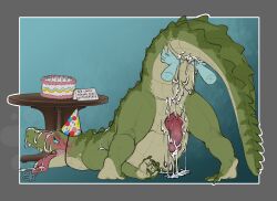 after_anal after_oral after_sex ahegao alligator alligatorid alternate_version_at_source animal_genitalia animal_penis anthro benji_(artist) benji_alligator_(benji) birthday_cake bodily_fluids braces butt cake clothing crocodilian crocodilian_penis cum cum_in_ass cum_in_mouth cum_inside cum_on_back cum_on_face dessert english_text floating_hands food genital_fluids genitals hat headgear headwear hi_res looking_pleasured male party_hat penis presenting presenting_hindquarters raised_tail reptile scalie semi-anthro sharp_teeth signature simple_background slitfluid solo tail tail_anus teeth text thick_tail tongue tongue_out