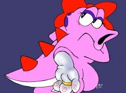 3_toes accessory anthro birdo blush bow_ribbon digit_ring feet foot_fetish hair_accessory hair_ribbon hairbow hi_res jewelry mario_bros nintendo pink_body presenting ribbons ring siphon_(anatomy) solo tail thick_tail toe_ring toes trans_(lore) trans_woman_(lore)