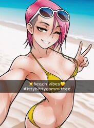 ai_generated ai_jago_dibuja beach beach_background bikini brown_eyes eyebrow_piercing female female_focus female_only flashing freckles freckles_on_face high-angle_view looking_at_viewer one_breast_out one_nipple_out partial_nudity peace_sign pink_hair pulling_bikini pulling_clothing pulling_top rylee_kent selfie small_breasts smile snapchat sunglasses sunglasses_on_head tugging_clothing undercut wet wet_body wet_hair wet_skin wink winking_at_viewer
