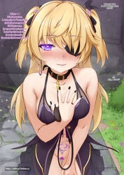 1girls biting_lip black_nails blonde_hair blush breasts censored dialogue dog_collar dress english_text eyepatch female_focus female_only fischl_(genshin_impact) genshin_impact goth heart-shaped_pupils leash lipstick looking_at_viewer nail_polish naughty_face navel_piercing nightgown no_panties pubic_tattoo purple_eyes purple_lipstick pussy smile solo_female solo_focus tattoo text twintails vahn_yourdoom