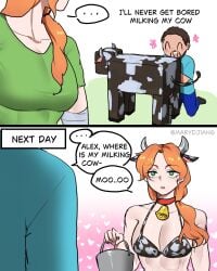1boy 1girls abs alex_(minecraft) bare_shoulders bra breasts brown_hair bucket choker cleavage cow_(minecraft) cow_ears cow_horns cow_print cow_print_bikini facial_hair green_eyes holding_object inviting kneeling long_hair looking_at_another marydjiang milking minecraft orange_hair panties semi_nude shirt short_hair speech speech_bubble steve_(minecraft) tagme text