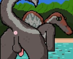 5up3rfr34k annoyed anthro anus ass asset_87_(jurassic_park_3) backsack balls bent_over circumcised dinosaur genitals green_sclera grey_body half-erect looking_back male male_focus mountain multicolored_body nude penis pink_anus prehistoric_species red_body reflection reptile river sail_(anatomy) saurischian scalie solo spinosaurid spinosaurus spinosaurus_(jurassic_park_3) stripes theropod water