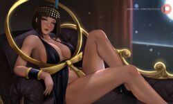 1girls blue_eyes bob_cut brown_hair clothed commission couch dark-skinned_female dark_skin egyptian eliza_(skullgirls) lipstick looking_at_viewer nyiccco seductive skullgirls solo