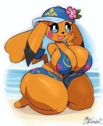 2026 anthro beach beach_background big_breasts big_thighs bikini bikini_bottom bikini_top blue_bikini blue_eyes breasts_bigger_than_head digital_drawing_(artwork) digital_media_(artwork) ears_down female flower game_freak generation_1_pokemon hat headgear huge_breasts looking_at_viewer miso_souperstar ms._wavychu namipika-chan nintendo on_knees outdoors pikachu pink_cheeks pokemon pokemon_(species) pokemon_ww thighs_bigger_than_head