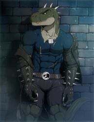 1boy 2020s 2024 5_fingers abs absurd_res accessory anthro anthro_male anthro_only armpit_peek armpits arms_down arms_to_side armwear athletic athletic_male aura_farming biceps big_claws big_spikes big_tail black_accessory black_armwear black_belt black_eyes black_gloves black_handwear black_jacket black_leather_gloves blue_shirt blue_wall breastplate brick_background brick_wall buff charming claws closed_mouth clothed clothed_anthro clothed_male clothes clothing collarbone comission concentrated confident confident_expression confident_male countershade_arms countershade_neck countershade_snout countershade_torso countershading crotch digital_media_(artwork) dinosaur dinosaur_boy dinosaur_humanoid dinosaur_tail dog_tags eyes fangs fingers fit fit_male front_view glistening_armwear glistening_belt glistening_handwear glistening_tail gloves green_body green_head green_legs green_scales green_tail hands handwear head_spikes humanoid jacket jurassic_park knees leather_jacket legs legwear long_tail looking_away looking_left male male_focus male_only manly metalhead model muscular muscular_anthro muscular_arms muscular_legs muscular_male no_nose nostrils open_eyes open_hands outlines pecs pose posing prehistoric prehistoric_species presenting presenting_body punk punk_boy purple_clothing purple_shorts reptile reptile_boy reptile_humanoid reptilian ripped_clothing ripped_shirt ripped_shorts rocco_(tallion) scales scalie scalie_boy scalie_humanoid scalie_tail serious serious_face serious_look shorts solo solo_male spikes standing symbol tail tailwag teeth tight_clothing tight_shirt tight_shorts tight_topwear tight_underwear topwear torsowear tridark two-tone_body two-tone_scales watermark white_spikes yellow_sclera yellow_teeth