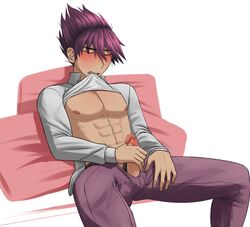 blush blushing closed_eyes danganronpa danganronpa_v3 danganronpa_v3:_killing_harmony dark-skinned_male eyes_closed jacking_off jerkingoff kaito_momota male_only masturbating masturbation momota_kaito pleasure_face pleasured purple_hair relaea shirt_in_mouth shirt_lift smooth_skin solo_male