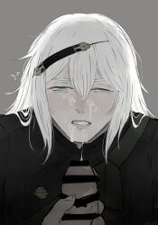 blue_eyes blush blush_lines clenched_teeth clothed clothed_male cum_drip cum_on_body cum_on_face facepaint genitals half-closed_eyes large_penis lips looking_at_penis male_focus male_only medium_hair messy_hair nier nier_(character) nier_(series) nier_replicant one_eye_closed white_hair