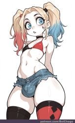 1boy ai_generated arms_behind_back bikini bikini_top_only black_choker black_thighhighs blonde_hair blue_eyes blue_hair boichego bulge choker dc_comics denim denim_shorts femboy feminization genderswap_(ftm) gradient_hair harley_quinn makeup male_focus multicolored_hair navel otoko_no_ko short_shorts shorts simple_background skindentation solo swimsuit thick_thighs thighhighs thighs twintails white_background wide_hips