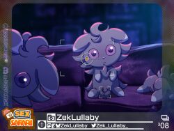 absurd_res ambiguous_gender biped bipedal_feral blush border camera_view digital_media_(artwork) english_text espurr felid female feral furniture generation_6_pokemon genitals grey_body group hi_res inside looking_at_viewer male mammal nintendo nude pokemon pokemon_(species) purple_eyes sofa tail text trio vulva zeklullaby