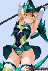 ai_generated akatsuki_kirika blonde_hair breasts female female_only gloves green_eyes green_leotard green_skirt green_thighhighs leotard leotard_peek magical_girl naotopanchira panties pantyshot senki_zesshou_symphogear short_hair skirt solo_focus striped_clothes striped_thighhighs thighhighs undersuit underwear upskirt