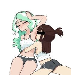 2girls arm_up armpit_fetish armpit_focus armpit_licking ass atsuko_kagari bakushin_o_armpit_gif_(meme) blush breast_grab brown_hair censored_eyes closed_eyes clothed_female diana_cavendish embarrassed embarrassed_female fishhh licking_armpit light-skinned_female light_skin little_witch_academia long_hair no_bra ponytail raised_arm short_shorts simple_background sweat sweaty_armpits sweaty_body tank_top teal_hair thighs yuri