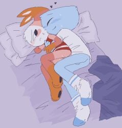 1cuntboy 1penisboy 2boys after_sex annoyed bed blush bottomless bottomless_male cuddling dandy's_world feet finn_(dandy's_world) junipurr_(artist) lynxfurr male_only night on_bed paws penis semen shrimpo_(dandy's_world) socks vagina yaoi