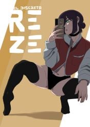 absurdres black_hair black_panties black_thighhighs cellphone chainsaw_man character_name commentary_request female green_eyes hair_bun highres holding holding_phone jacket letterman_jacket n3kofi navel panties phone pubic_stubble red_jacket reze_(chainsaw_man) selfie smartphone solo thighhighs tiptoes underwear white_sleeves