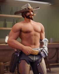 3d beard bipces bulge chest_hair cigar clothed cole_cassidy hayabused56 muscular muscular_male nipples overwatch partially pecs shirtless shirtless_male smoking