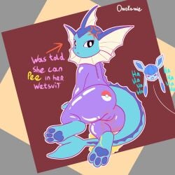 absurd_res accident angry ass bodily_fluids bodysuit clothing eeveelution embarrassed female feral generation_1_pokemon generation_4_pokemon genital_fluids glaceon hi_res leaking leaking_urine nintendo omokamie omorashi peeing pokemon pokemon_(species) presenting presenting_hindquarters skinsuit solo tight_clothing translucent translucent_clothing tricked urine vaporeon watersports wetsuit wetting