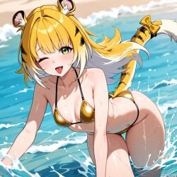 (titancore) ai_generated animal_humanoid beach beautiful_day bikini_bottom bikini_top cute_girl female girl golden_bikini green_eyes ju_fufu ju_fufu_(zenless_zone_zero) long_hair monster_girl multicolored_hair orange_hair playing_in_water sea splashing teasing_viewer thiren tiger_ears tiger_girl tiger_humanoid tiger_stripes tiger_tail video_game_character wet_body white_hair zenless_zone_zero