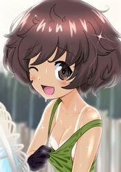 absurdres akiyama_yukari bangs black_gloves blurry blurry_background blurry_foreground breasts brown_eyes brown_hair commentary cooling_off electric_fan excel_(shena) eyebrows_visible_through_hair female girls_und_panzer gloves green_shirt highres looking_at_viewer messy_hair military military_uniform nipples no_bra one_eye_closed ooarai_military_uniform open_mouth pulled_by_self shiina_excel shirt shirt_pull short_hair small_breasts smile solo sparkle sweat tan tank_top tanline uniform upper_body