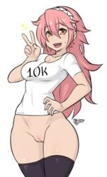 1girls big_breasts bottomless breasts dark_ryev female fire_emblem fire_emblem_fates long_hair nintendo no_panties no_pants pink_hair pussy ryev shaved_pussy soleil_(fire_emblem) solo solo_female thighhighs v victory_pose