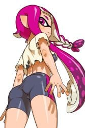 tsuwitchii84 splatoon splatoon_3 inkling inkling_girl braided_hair braid ass ass_focus ass_view clothing sports_bra sportswear ripped_clothing torn_clothes 1girls looking_back looking_at_viewer back_view back